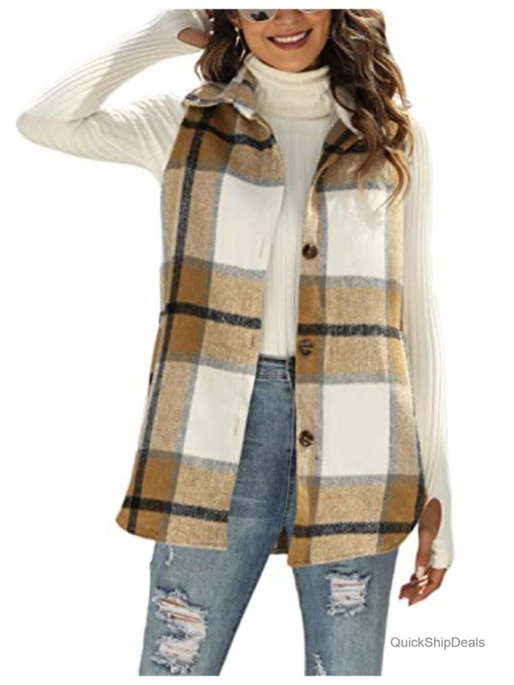 Womens Plaid Flannel Vest Button Down Layering Fall Sleeveless Jacket